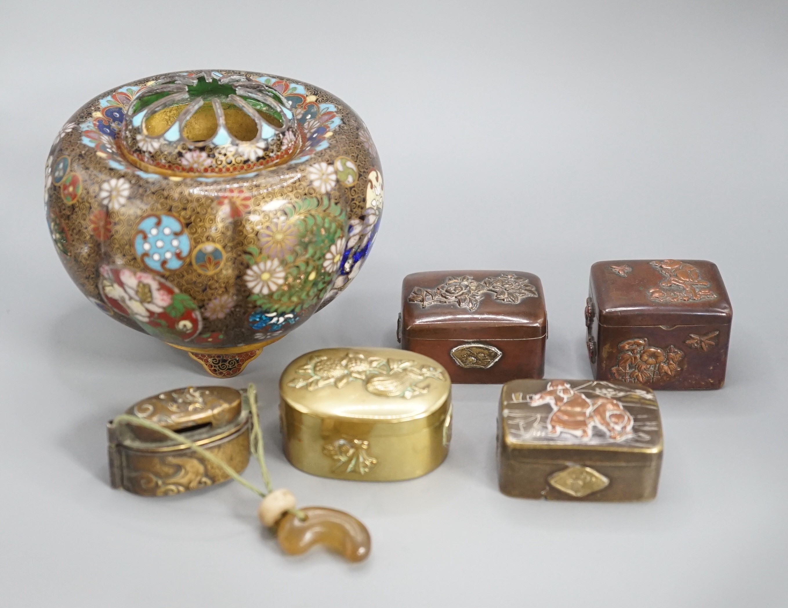 A Japanese cloisonne enamel koro and cover, 9.5 cm diameter and various Japanese mixed metal small boxes and covers, One made from Japanese sword fittings, signed, 4 cm